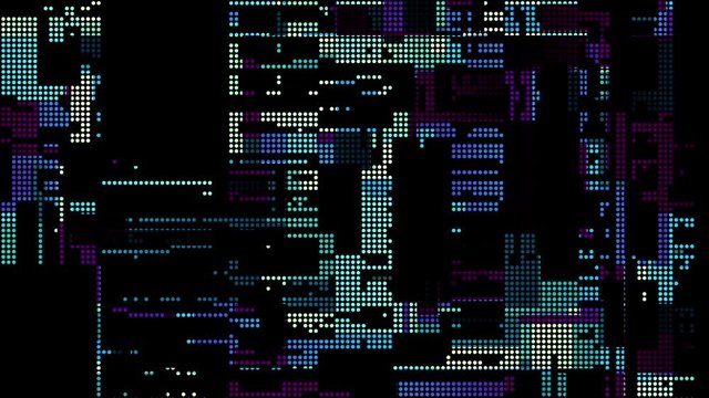 Abstract futuristic background with moving small circles. Grunge datamosh effect. Animated looping footage.