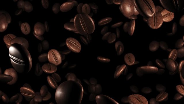 Coffee beans slowly fall down. Beautiful coffee seeds