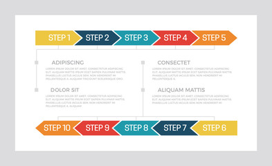 Fototapeta premium Set of turquoise and dark blue, red, yellow, orange elements for infographic presentation slides with timeline, steps, arrows