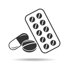 Black icon of pill, capsule and blister. Vector illustration with shadow in flat style isolated over white background.