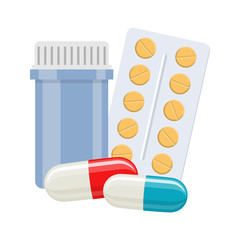 Color icon of jar of pills, capsules and blister. Vector illustration in flat style isolated over white background.