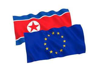 Flags of North Korea and European Union on a white background