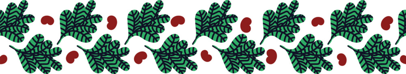 A seamless vector pattern border with green leaves and red heart shaped berries. Surface print design.