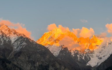 Mount Kailash or Kailasa Mountain Himalayan ranges (Tibetan name Gangs Rinpoche means Precious Snow Mountain) sacred place of Lord Shiva in sunset Sun light. View from Kinnaur, Himachal Pradesh India.