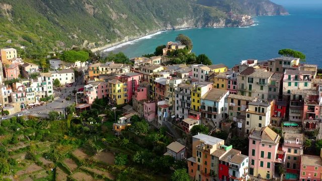 Corniglia - Village of Cinque Terre National Park at Coast of Italy. Province of La Spezia, Liguria, in the north of Italy - Aerial View - Travel destination and attractions in Europe.
