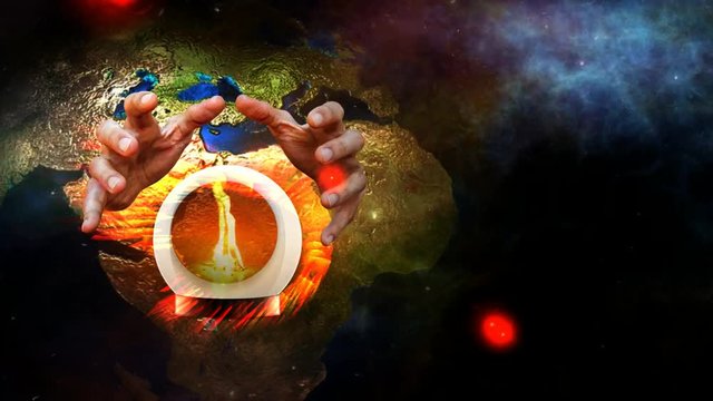 Animated design on a Horoscope or a prediction theme with hands moving around a fiery globe set against a night sky background with planet earth