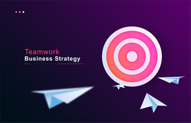 Fototapeta premium Business goal solution concept. Teamwork strategy. Paper planes flies to the abstract target vector background