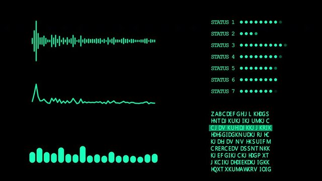 Green 2D digital HUD graphic sound signal indicator and status bar and random text highlighting on black screen - HUD futuristic technology background concept