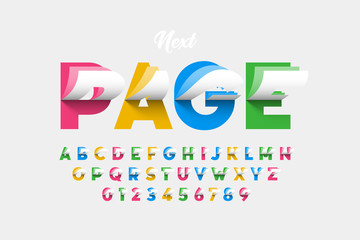 Flipping pages style colorful font, alphabet letters and numbers