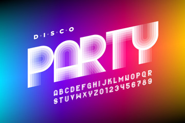 Disco Party 80's style font design, retro alphabet, letters and numbers - obrazy, fototapety, plakaty