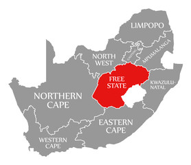 Free State red highlighted in map of South Africa