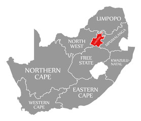 Gauteng red highlighted in map of South Africa