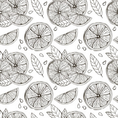Seamless pattern of lemon, itrus, lime. Isolated on white background. Tropical summer fruit. Detailed citrus drawing Great for tea, juice, natural cosmetics. Black sketch. Hand drawn