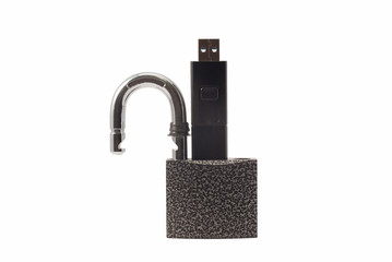 Metal lock, hard drive and flash drive. Security.