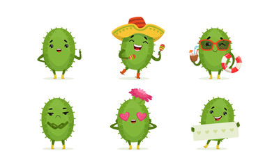 Cartoon Cactus Character Isolated on White Background Vector Set