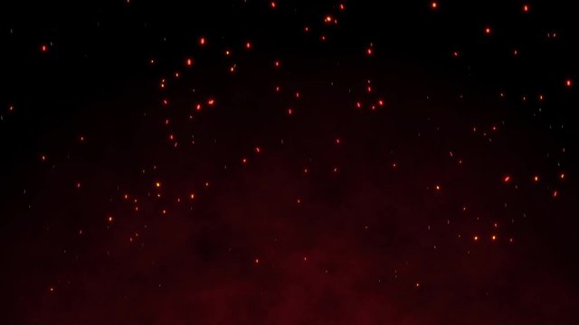 4K Burning red hot sparks rise from large fire in the night sky. Flying Embers from fire. Beautiful abstract background on the theme of fire. Light nature background concept.