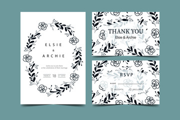 Wedding invitation with flowers in blue 