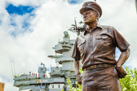 HONOLULU, OAHU, HAWAII, USA - AUGUST 21, 2016: statue portrait of Admiral Chester W. Nimitz, represented the United States during surrender of Japan aboard USS Missouri in Tokyo Bay 1945.