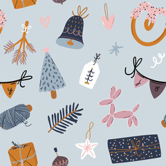 Christmas and Happy New Year cheerful seamless pattern. Lovely winter illustration with cute and character traditional elements in scandinavian style. Vector. Good fabric design and wrapping paper