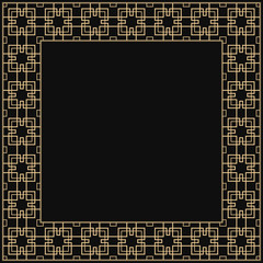 Vector geometric frame in Art Deco style. Square abstract element for design. Light golden lined shape. Sandblasting ornament on black background.