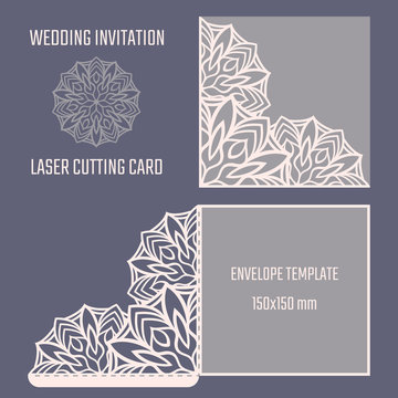 DIY laser cutting vector envelope. Wedding die cut invitation template. Cutout silhouette card. Scrapbook carved paperwork. Floral layout.