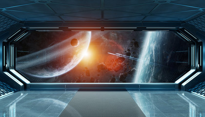 Dark blue spaceship futuristic interior with window view on space and planets 3d rendering © sdecoret