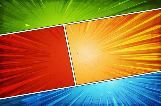 Comic Book Action Layout Background With Power Fx/ Illustration of a powerful comics like page layout background with halftone dots, dynamic textures and action speed effects