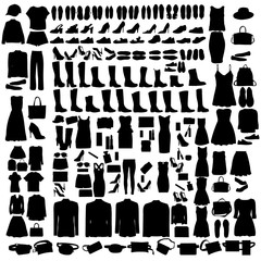 set of silhouettes of shoes, bag and clothes