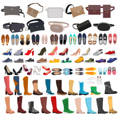 vector, isolated, set of shoes and bag