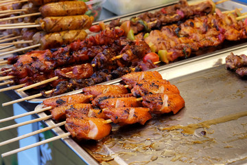 Trendy lifestyle of selling well cooking many kind of street food such as seafood, noodle, roasted pork, meat and chicken ball always found in Bangkok, Thailand and have space for write wording