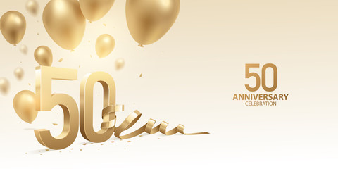 50th Anniversary celebration background. 3D Golden numbers with bent ribbon, confetti and balloons.