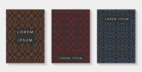 Set of modern abstract black backgrounds with a geometric linear pattern for brochures, booklets, flyers, posters, books, cards. Cover design template. Vector illustration.