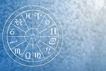 Illustration of astrology themes. Twelve signs of the zodiac on bright abstract background, space for text