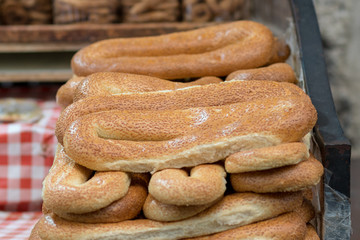 Round bread with Sesame, (pretzels). Israeli Arab style. Isolated with blurred background.