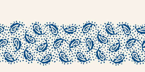 Traditional Hand Painted Classic Blue Paisley Vector Seamless Pattern Border. Classic Background Shawl Print