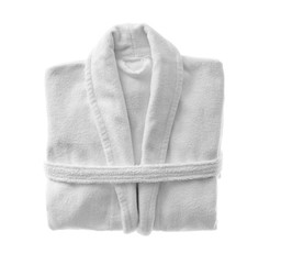 Clean folded bathrobe isolated on white, top view