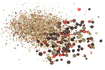 Colorful mixed pepper grains with crushed flakes, isolated on white background