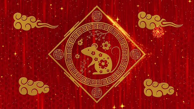 Lunar New Year, Spring Festival background with golden rat, fireworks, glittering stars and clouds. Chinese new year red paper backdrop for holiday event. 3D rendering animation Seamless loop 4k video