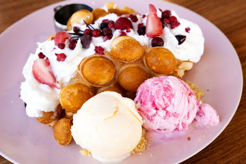 Waffle berries With ice cream and whipped cream