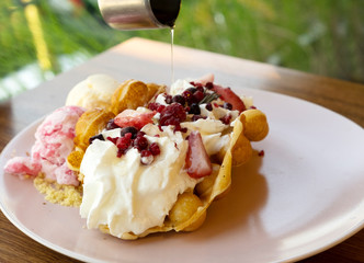 Waffle berries With ice cream and whipped cream