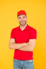 food order deliveryman. sales team member. Hiring shop store worker. happy guy. dealer yellow wall. Salesman cashier career. man delivery service in red tshirt and cap. friendly shop assistant