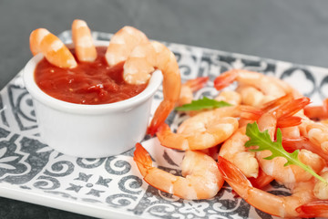 Delicious shrimp cocktail with tomato sauce, closeup