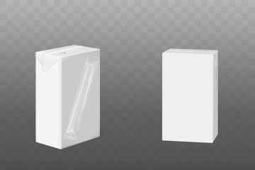 White cardboard pack of milk, juice or yogurt with drinking straw. Vector mockup of realistic blank package box for drink front and back view isolated on transparent background