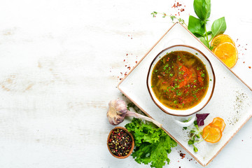 Vegetable Soup. Harcho soup. Top view. Free space for your text.