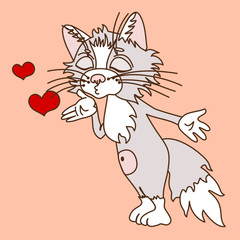 young cat blows a kiss, color clip art on an isolated background with hearts