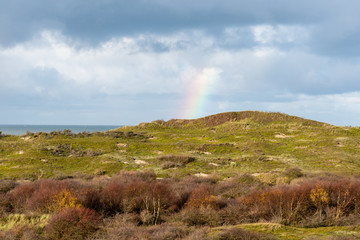 Dünenlandschaft auf der Insel Borkum mit Regenbogen