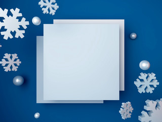 Fototapeta premium 3d render minimal winter scene. Abstract Color of the year 2020 Classic Blue concept with geometrical forms. Snowflakes falling with blank space. Realistic mock up for christmas holiday. Showcase.