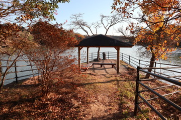 紅葉に輝く湖に佇むあずま屋