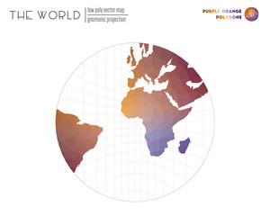 Low poly design of the world. Gnomonic projection of the world. Purple Orange colored polygons. Creative vector illustration.
