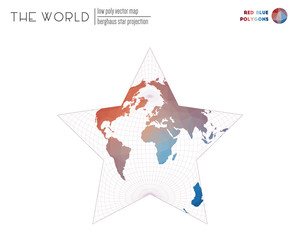 Vector map of the world. Berghaus star projection of the world. Red Blue colored polygons. Amazing vector illustration.